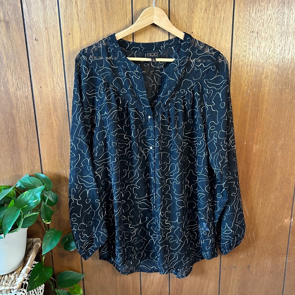 Mod Lusive Black Sheer Abstract Line Art Button Front Blouse Size Large‎ Boho